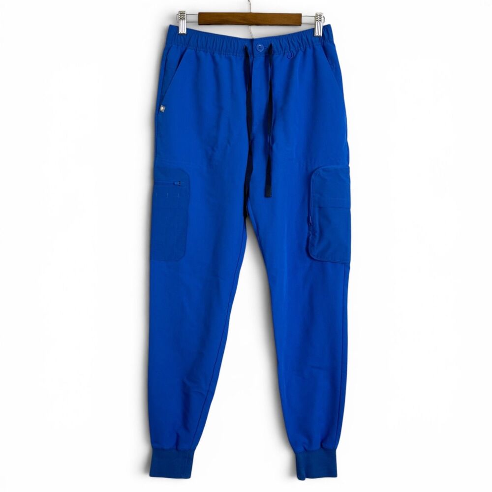mens blue jogger cargo scrub pants small drawstring waist ribbed cuffs by figs
